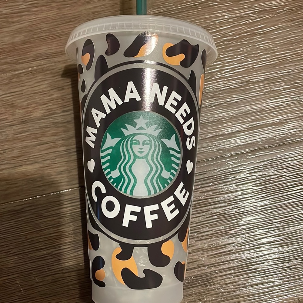Brand new Starbucks “mama needs coffee” coffee cup with straw. Cold reusable cup